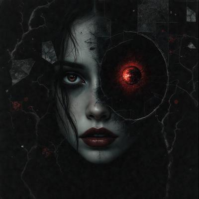 The primary subject of the image is a woman with a red lipstick, wearing a black dress. She is looking at the camera with a red eye. The setting is a dark room, and the visual style is a digital art or illustration. The dominant colors are red and black, creating a bold and dramatic atmosphere.